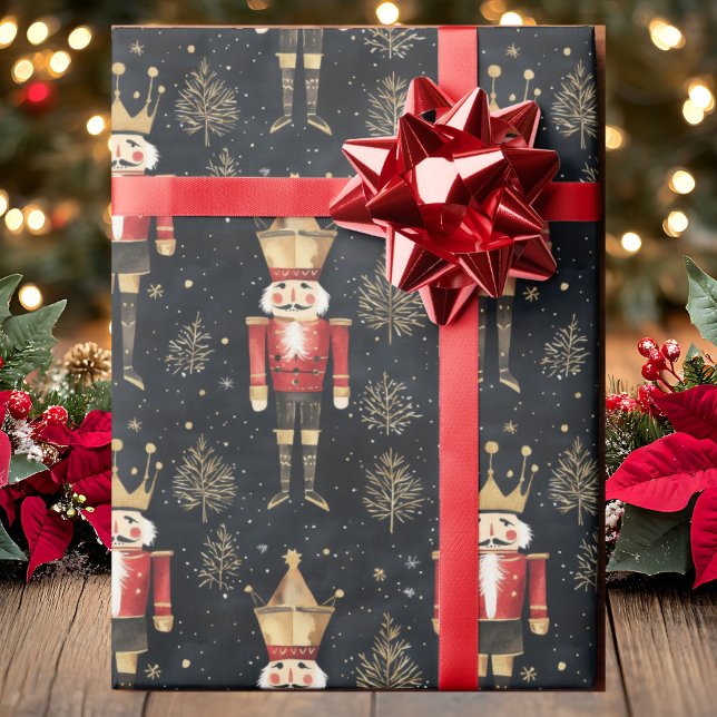Papier Cadeau Nutcracker Aquarelle Or Rouge et Noir Noël (Créateur téléchargé)