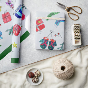Papier Cadeau Objets de Noël Colorés Parsemés sur la Page W