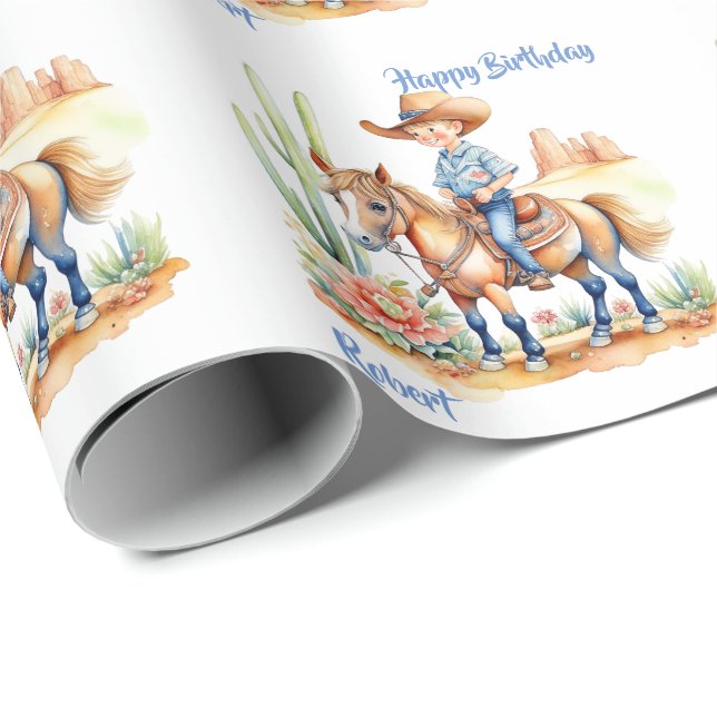 Papier Cadeau Occidental Cowboy on Horse Anniversaire personnali (Coin rond)