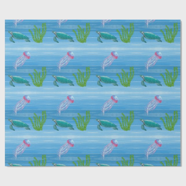 Papier Cadeau Océan avec Tortue et Méduse (Plat)