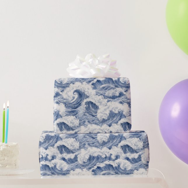 Papier Cadeau Océan Bleu Blanc Vagues Anniversaire (Cadeaux de fête)