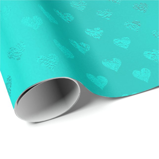 Papier Cadeau Ocean Blue Aqua Metallic Hearts Plage Mariage (Coin rond)