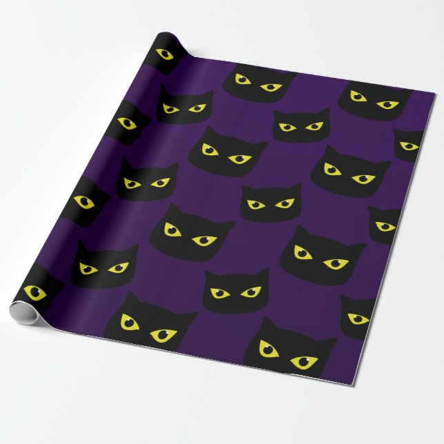 Papier Cadeau Oeil jaune de chat noir et violet motif Halloween (Déroulé)
