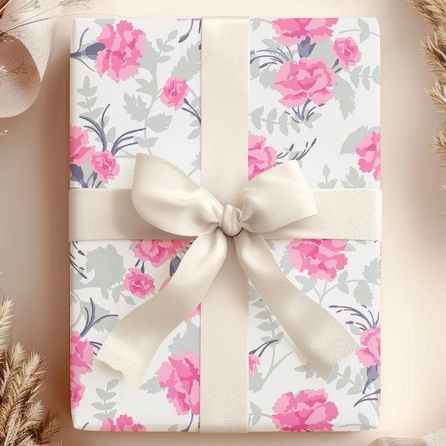 Papier Cadeau Œillet floral rose et gris (Créateur téléchargé)