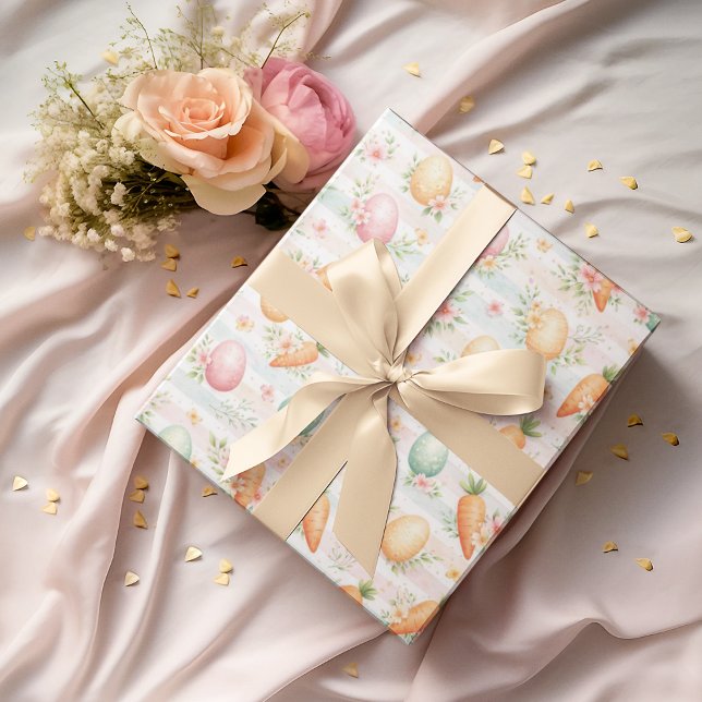 Papier Cadeau Œufs de Pâques à l'aquarelle, carottes et fleurs p (Créateur téléchargé)