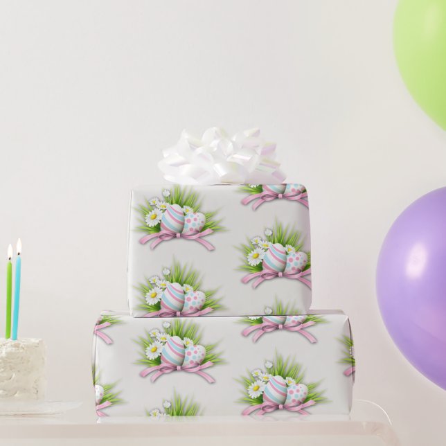 Papier Cadeau Oeufs de Pâques au ruban rose (Cadeaux de fête)