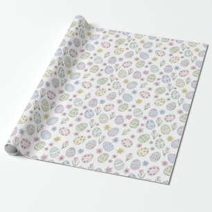Papier Cadeau Œufs de Pâques et Fleurs Couleurs Pastel