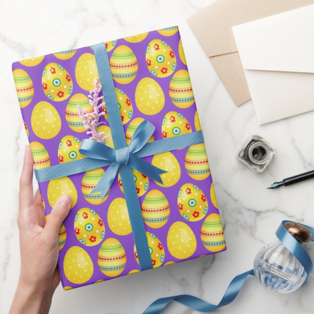 Papier Cadeau Oeufs De Pâques Jaunes Sur Violet (Cadeaux)