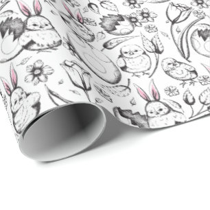 Papier Cadeau OEufs de Pâques noirs et blancs, poules et fleurs