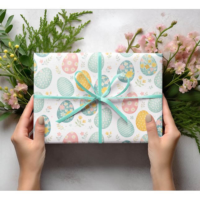 Papier Cadeau Œufs de Pâques pastel à motif floral - Joli printe (Créateur téléchargé)