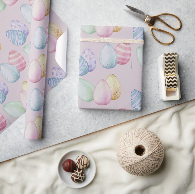 Papier Cadeau Œufs de Pâques peints classiques sur fond rose béb (Artisanat)