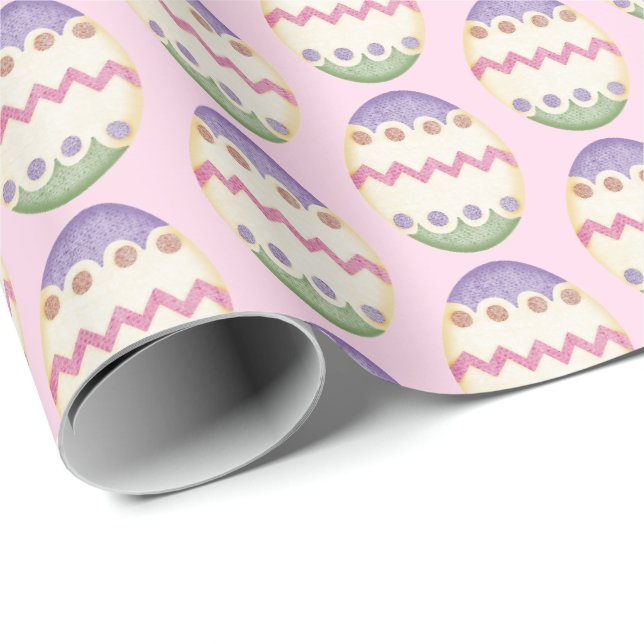 Papier Cadeau Œufs de Pâques sur fond rose (Coin rond)