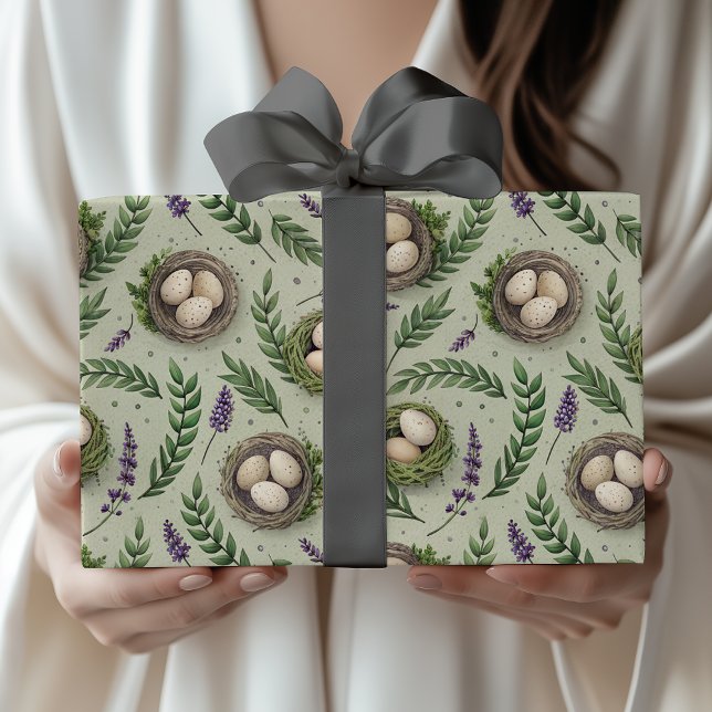 Papier Cadeau Œufs de Pâques Vert Sauge Simple Nid de Lavande (Créateur téléchargé)