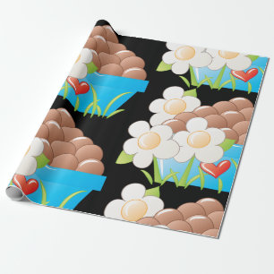 Papier Cadeau Oeufs en Bleu avec Fleurs et Coeur