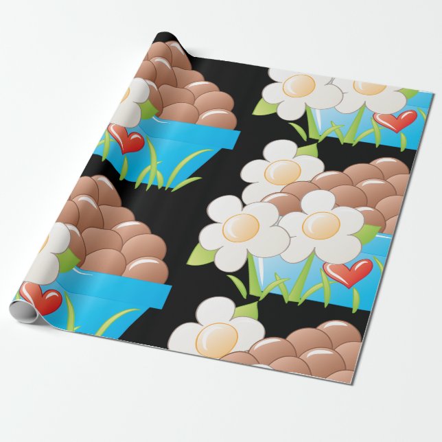 Papier Cadeau Oeufs en Bleu avec Fleurs et Coeur (Déroulé)