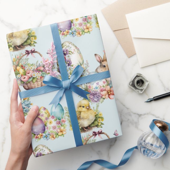 Papier Cadeau Oeufs Pâques Pastel, Lapin, Poussin Floral Bleu (Cadeaux)