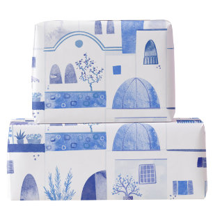 Papier Cadeau Oia Santorini Grèce Aquarelle Ville Peinture