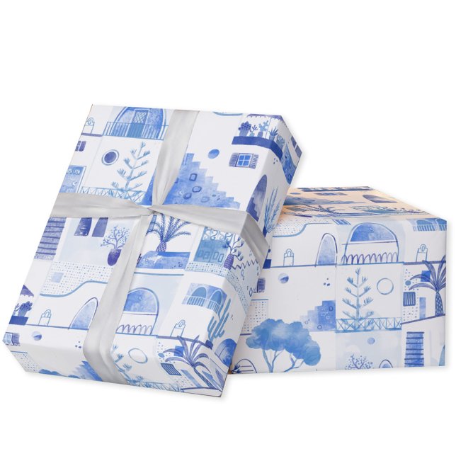 Papier Cadeau Oia Santorini Greece Watercolor Townscape Painting (Santorini Greece blue and white watercolor art gift wrapping paper)