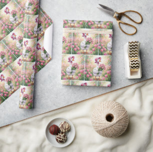 Papier Cadeau Oie blanche avec tulipes roses