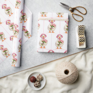 Papier Cadeau Oie blanche tenant un bouquet de tulipes roses