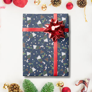 Papier Cadeau Oie de Noël bleu foncé avec pudding aux figues