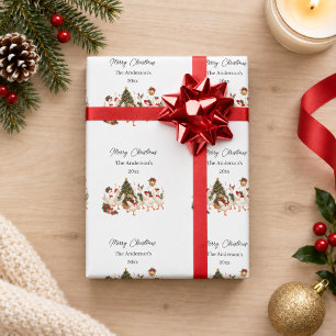 Papier Cadeau Oie de Noël Famille Fête Aquarelle