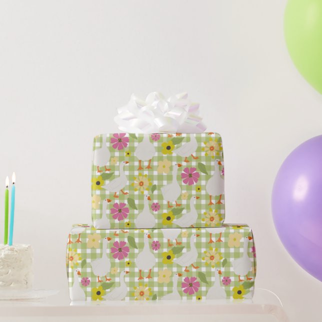 Papier Cadeau Oies mignonnes Aux Fleurs Dessinées À La Main - Gr (Cadeaux de fête)