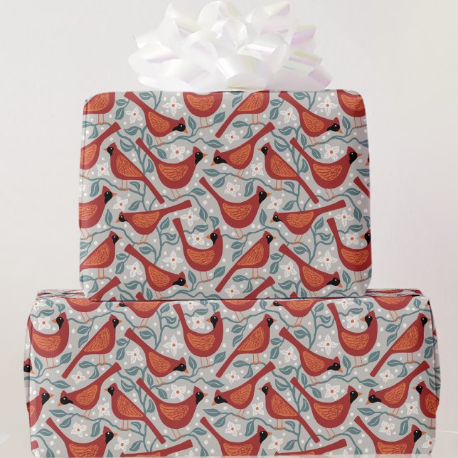 Papier Cadeau Oiseau cardinal festif Aquarelle (Festive Red Cardinal birds Christmas Holidays gift wrapping paper roll)