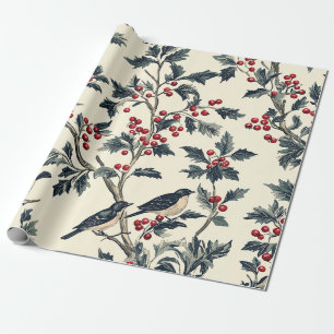 Papier Cadeau Oiseau Chanteur Élégant Motif Houx Hiver Crème Rou