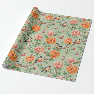Papier Cadeau Oiseau chanteur Floral Botanique - Fleurs d'orange