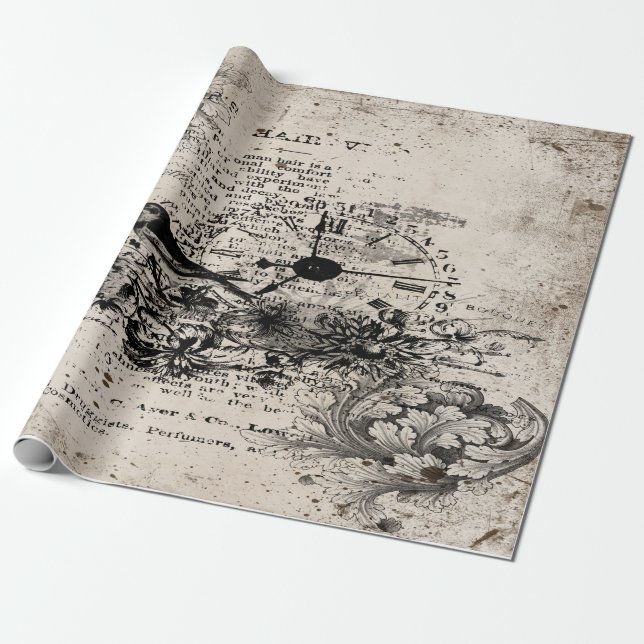 Papier Cadeau Oiseau de découpage Vintage et horloge (Déroulé)