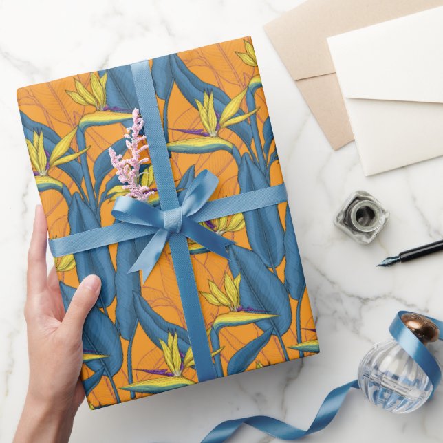 Papier Cadeau Oiseau de fleurs paradisiaques sur orange (Cadeaux)