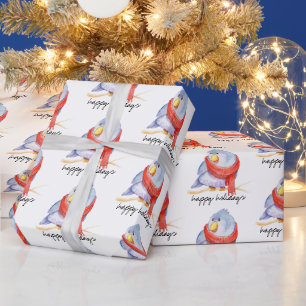 Papier Cadeau Oiseau de Noël avec écharpe