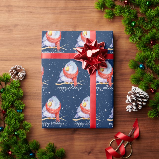 Papier Cadeau Oiseau de Noël avec écharpe dans les flocons de ne (Cadeau de vacances)