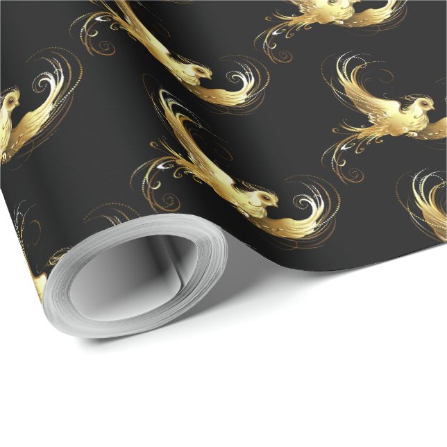 Papier Cadeau Oiseau d'or sur Arrière - plan noir (Coin rond)