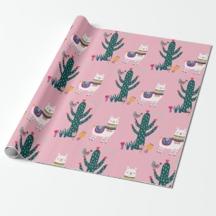 Papier Cadeau Oiseau et cactus mignons de lama