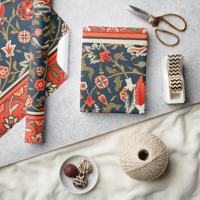 Papier Cadeau Oiseau et fleurs Perse Motif bleu rouge (Artisanat)