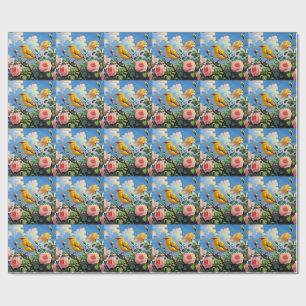 Papier Cadeau Oiseau jaune coloré et jolies roses roses