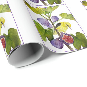 Papier Cadeau Oiseau jaune vibrant avec figs violettes aquarelle