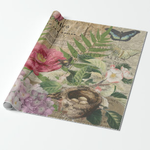 Papier Cadeau Oiseau Nid Floral Jardin Fleur Papillon Art