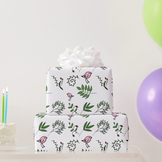 Papier Cadeau Oiseau rose et Feuilles verts (Cadeaux de fête)