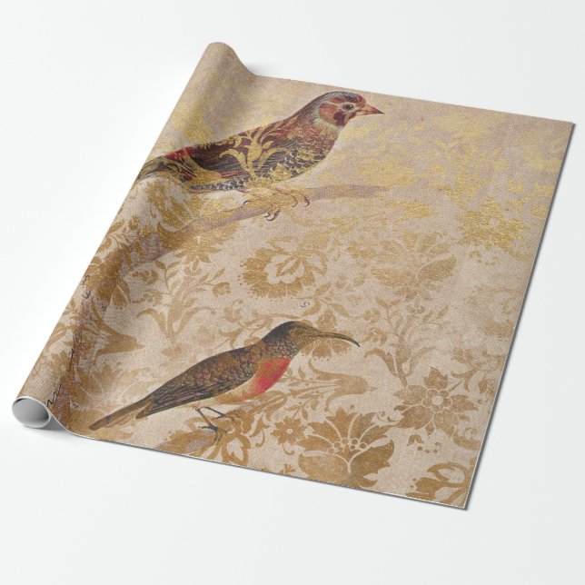 Papier Cadeau Oiseau Vintage en or (Déroulé)