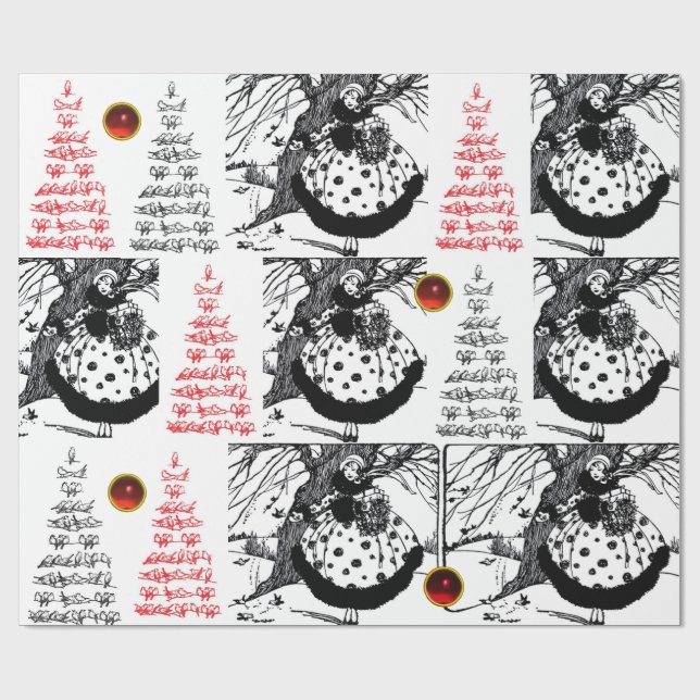 Papier Cadeau OISEAUX ARBRE ET NOËL LADME BLANC Noir Rouges Gems (Plat)