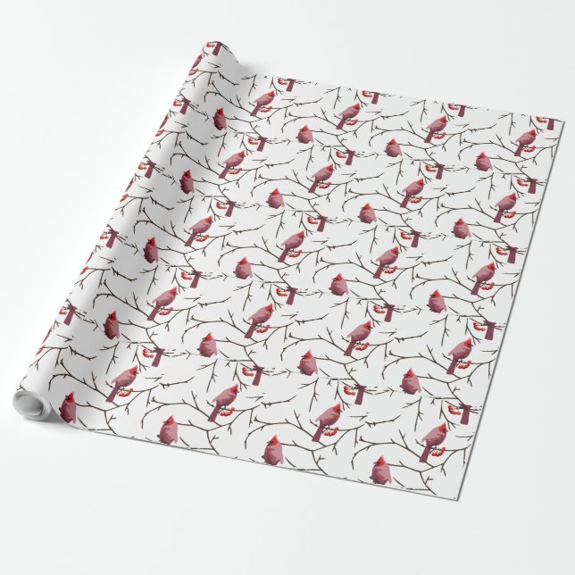 Papier Cadeau Oiseaux cardinaux, cerises d'hiver et Motif de nei (Déroulé)