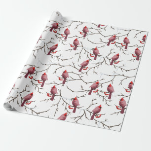 Papier Cadeau Oiseaux cardinaux, cerises d'hiver et Motif de nei