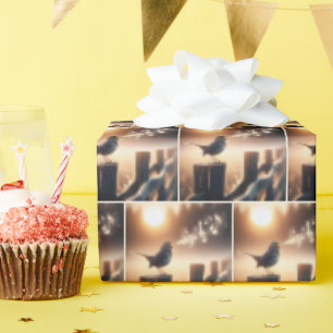 Papier Cadeau Oiseaux chantant une chanson sur un poteau de clôt