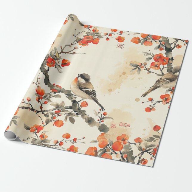 Papier Cadeau Oiseaux chantants orientaux et fleurs - Tradition  (Déroulé)