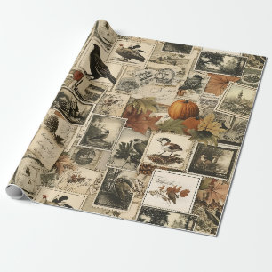 Papier Cadeau Oiseaux d'automne rustiques Citrouilles Timbres-po