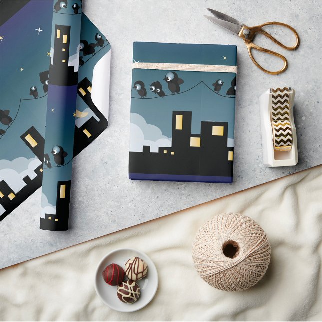 Papier Cadeau Oiseaux De La Ville Sur Un Ciel Étoilé De Fil (Créateur téléchargé)