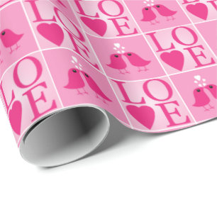 Papier Cadeau Oiseaux de l'amour et cœurs roses à carreaux